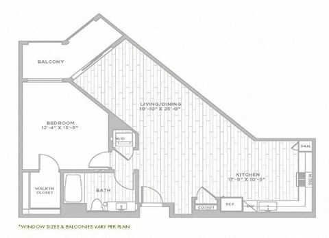 Floor plan for 1 bed, 1 bath, 963 sqft