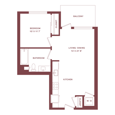 Floor plan for 1 bed, 1 bath, 628 sqft