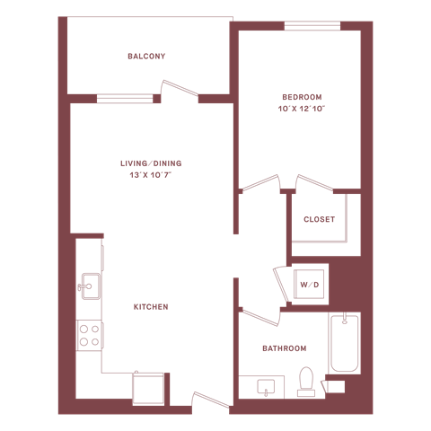 Floor plan for 1 bed, 1 bath, 670 sqft