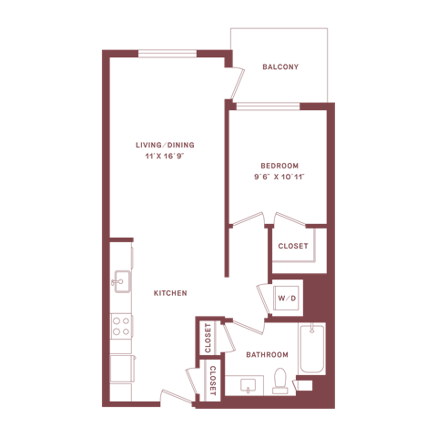 Floor plan for 1 bed, 1 bath, 675 sqft