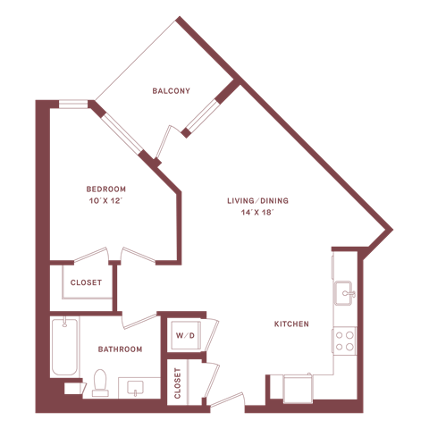 Floor plan for 1 bed, 1 bath, 680 sqft