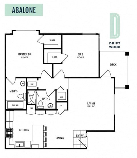 Floor plan for 2 beds, 2 baths, 1073 sqft