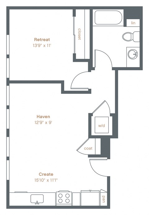 Floor plan for 1 bed, 1 bath, 623 sqft