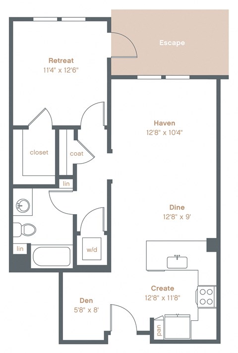 Floor plan for 1 bed, 1 bath, 835 sqft