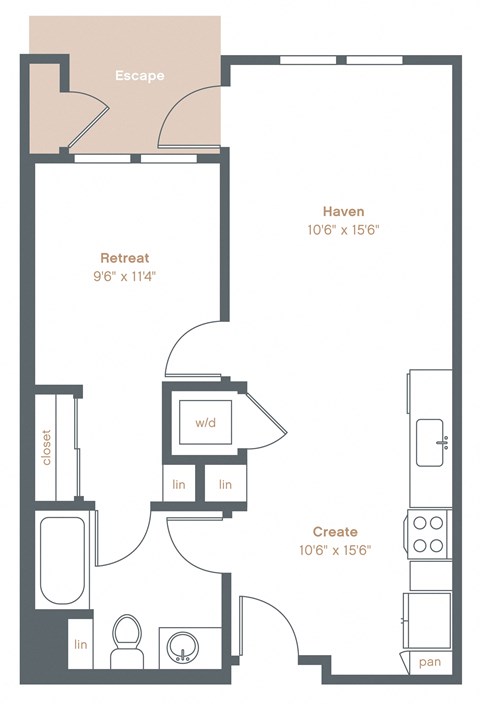 Floor plan for 1 bed, 1 bath, 651 sqft