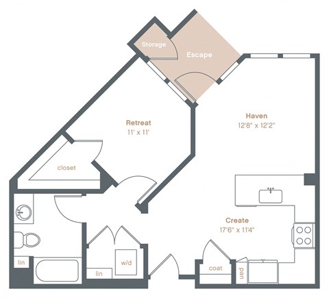 Floor plan for 1 bed, 1 bath, 673 sqft
