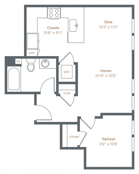 Floor plan for 1 bed, 1 bath, 681 sqft