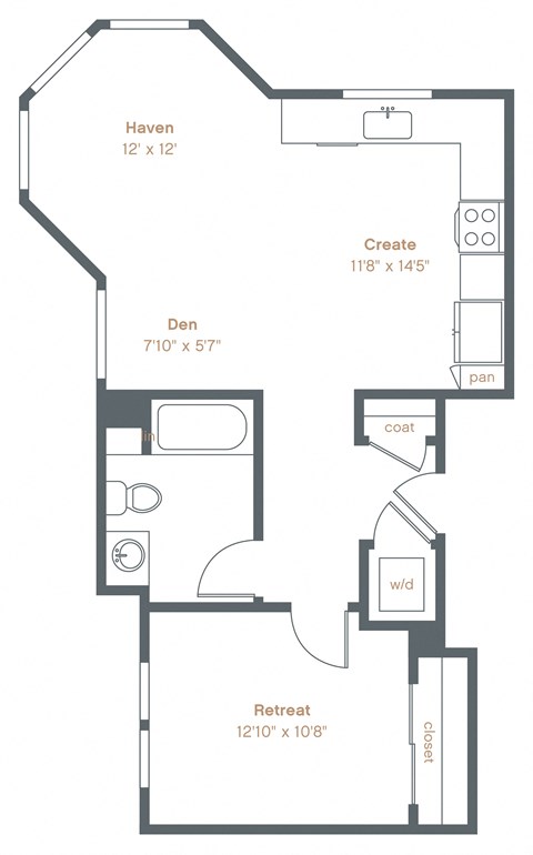 Floor plan for 1 bed, 1 bath, 690 sqft