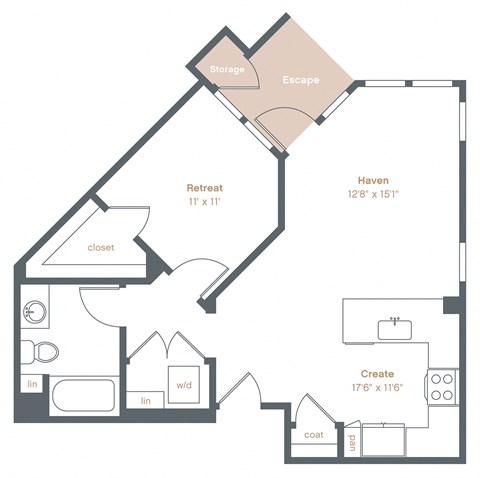Floor plan for 1 bed, 1 bath, 715 sqft
