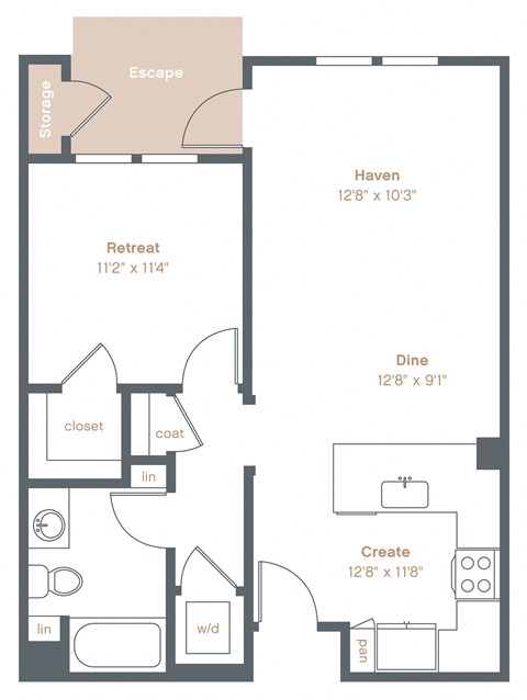 Floor plan for 1 bed, 1 bath, 731 sqft
