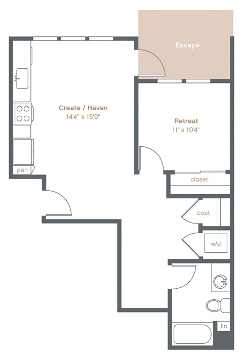 Floor plan for 1 bed, 1 bath, 742 sqft