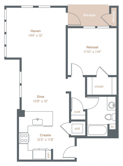 Floor plan for 1 bed, 1 bath, 834 sqft