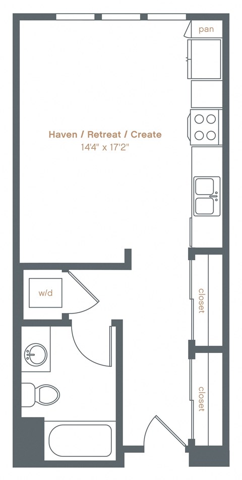 Floor plan for studio, 1 bath, 480 sqft