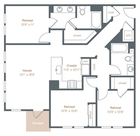 Floor plan for 3 beds, 2 baths, 1309 sqft