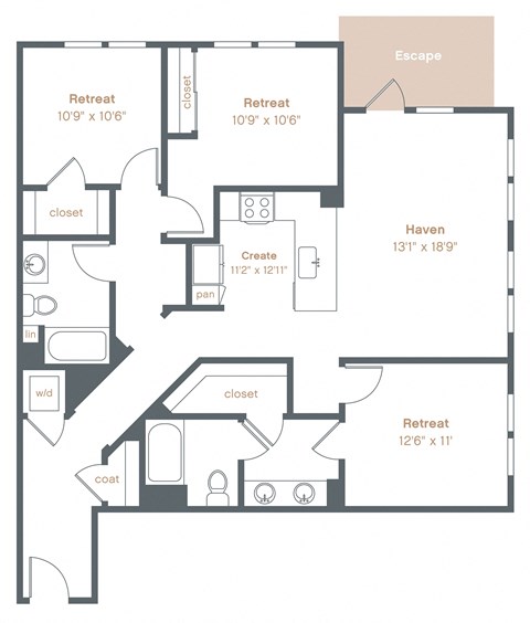 Floor plan for 3 beds, 2 baths, 1352 sqft