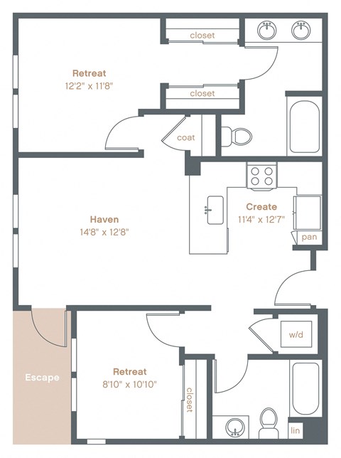 Floor plan for 2 beds, 2 baths, 937 sqft