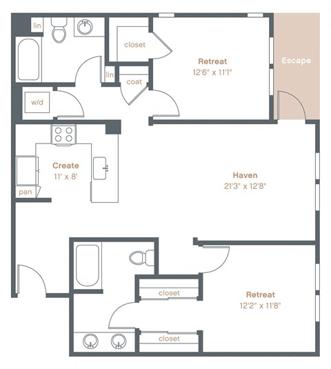 Floor plan for 2 beds, 2 baths, 1131 sqft