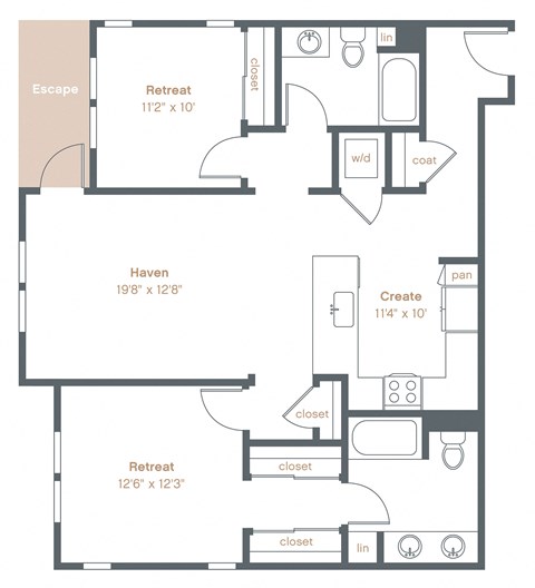 Floor plan for 2 beds, 2 baths, 1134 sqft