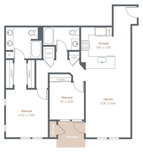 Floor plan for 2 beds, 2 baths, 1162 sqft