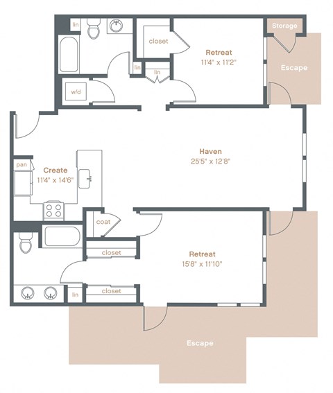 Floor plan for 2 beds, 2 baths, 1229 sqft