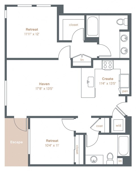 Floor plan for 2 beds, 2 baths, 1041 sqft