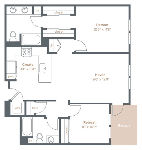 Floor plan for 2 beds, 2 baths, 1042 sqft