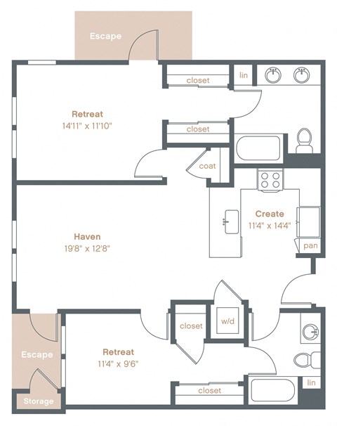 Floor plan for 2 beds, 2 baths, 1089 sqft