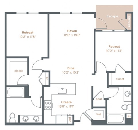 Floor plan for 2 beds, 2 baths, 1095 sqft
