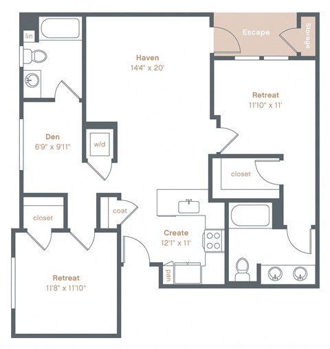 Floor plan for 2 beds, 2 baths, 1117 sqft