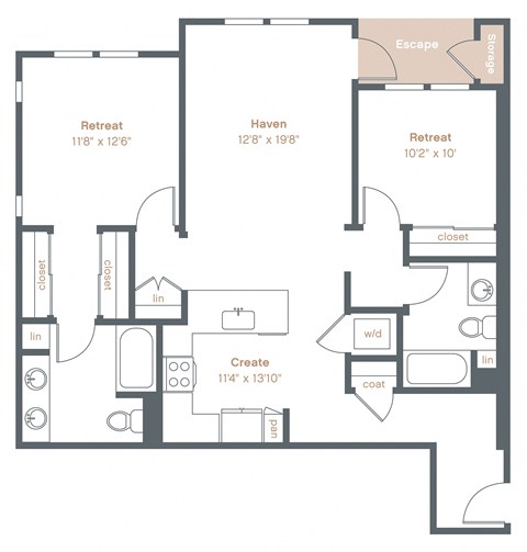 Floor plan for 2 beds, 2 baths, 1122 sqft