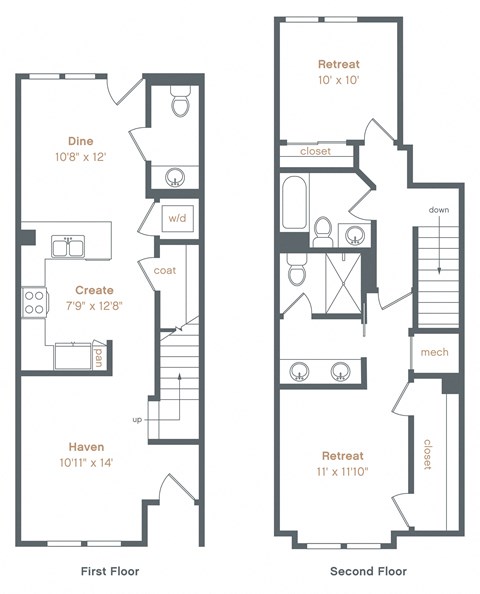 Floor plan for 2 beds, 2.5 baths, 1269 sqft