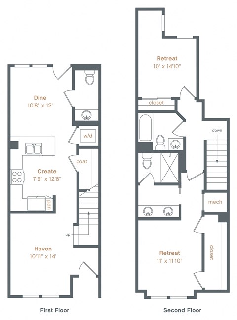 Floor plan for 2 beds, 2.5 baths, 1292 sqft