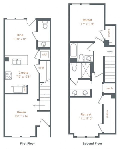 Floor plan for 2 beds, 2.5 baths, 1314 sqft