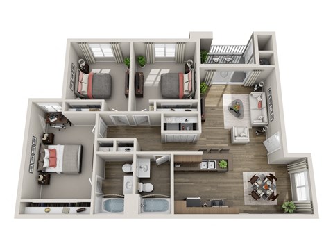 Floor plan for 3 beds, 2 baths, 1335 sqft
