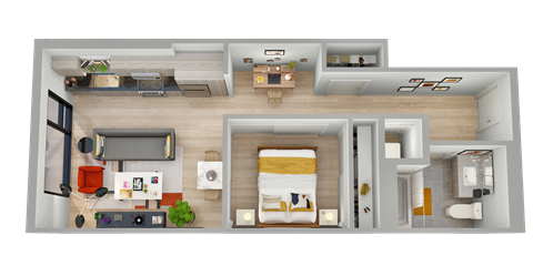 Floor plan for 1 bed, 1 bath, 604 sqft