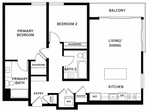 Floor plan for 2 beds, 2 baths, 956 sqft