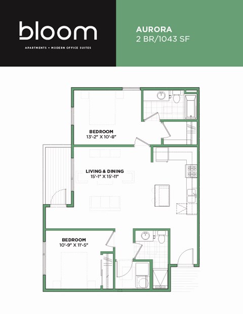 Floor plan for 2 beds, 2 baths, 1043 sqft