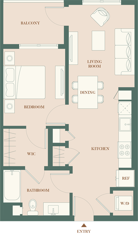 Floor plan for 1 bed, 1 bath, 608 sqft