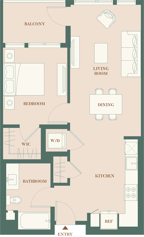 Floor plan for 1 bed, 1 bath, 717 sqft