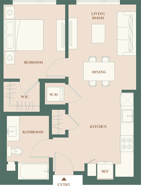 Floor plan for 1 bed, 1 bath, 636 sqft