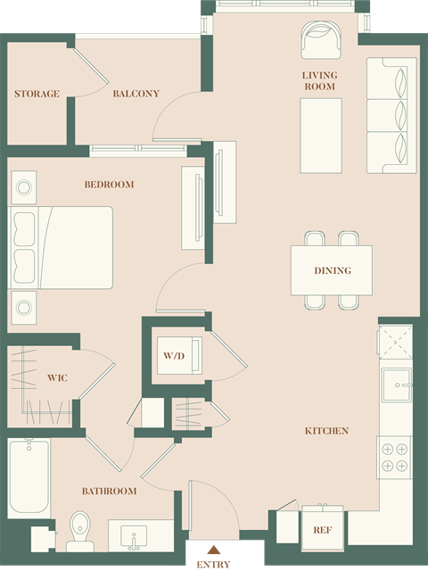 Floor plan for 1 bed, 1 bath, 742 sqft