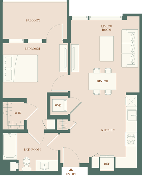 Floor plan for 1 bed, 1 bath, 699 sqft