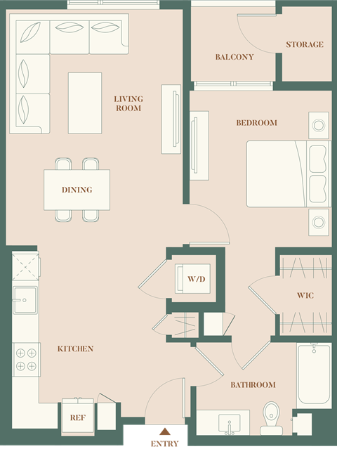 Floor plan for 1 bed, 1 bath, 774 sqft