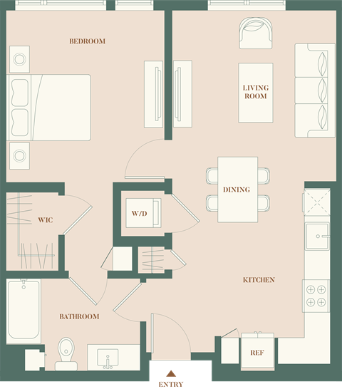 Floor plan for 1 bed, 1 bath, 740 sqft