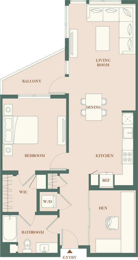 Floor plan for 1 bed, 1 bath, 987 sqft