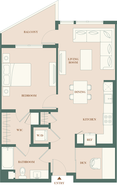 Floor plan for 1 bed, 1 bath, 820 sqft