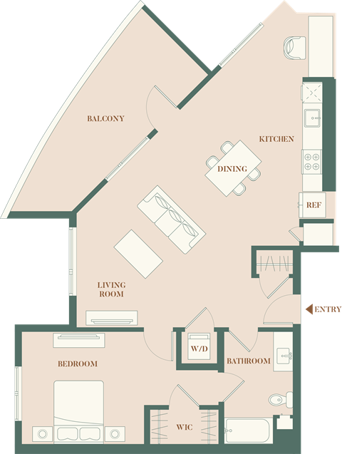Floor plan for 1 bed, 1 bath, 1006 sqft
