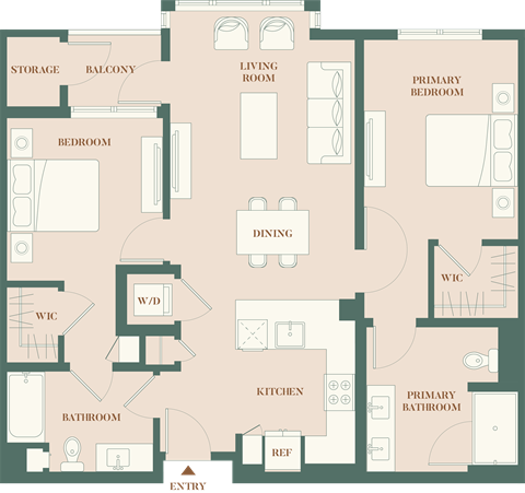Floor plan for 2 beds, 2 baths, 1057 sqft