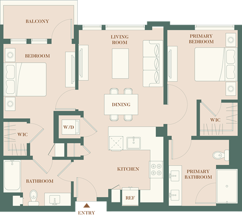 Floor plan for 2 beds, 2 baths, 979 sqft