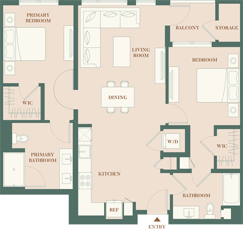 Floor plan for 2 beds, 2 baths, 1099 sqft